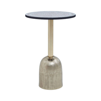 Geometric Mosaic Accent Side Table with Slim Gold Cylindrical Pedestal Base | Inventivo