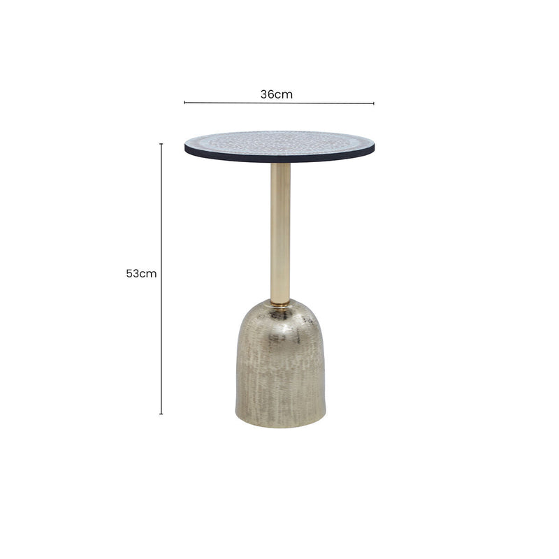 Geometric Mosaic Accent Side Table with Slim Gold Cylindrical Pedestal Base | Inventivo