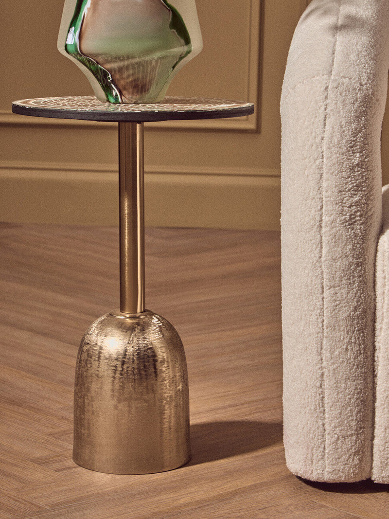 Geometric Mosaic Accent Side Table with Slim Gold Cylindrical Pedestal Base | Inventivo
