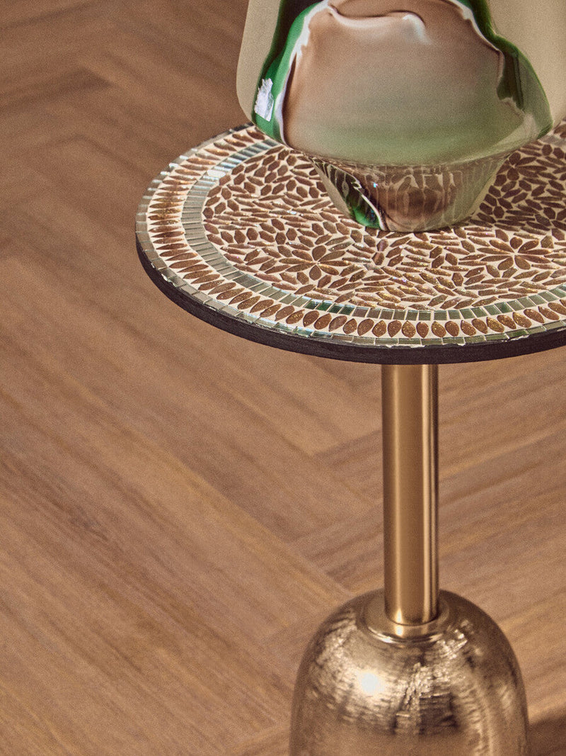 Geometric Mosaic Accent Side Table with Slim Gold Cylindrical Pedestal Base | Inventivo