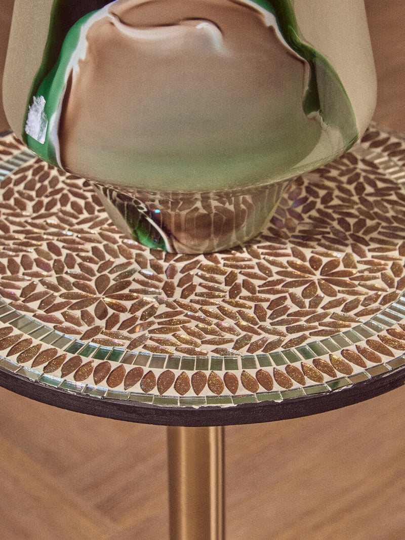 Geometric Mosaic Accent Side Table with Slim Gold Cylindrical Pedestal Base | Inventivo