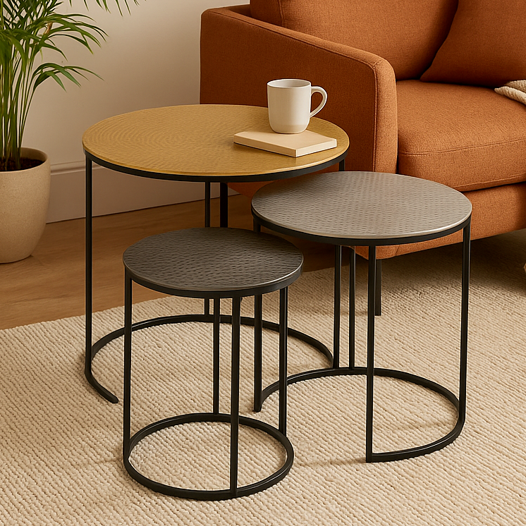 Set of 3 Black and Gold Hammered Metal Nesting Tables | Elias