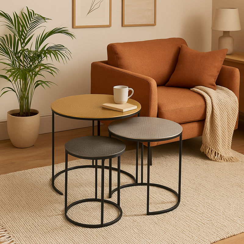 Set of 3 Black and Gold Hammered Metal Nesting Tables | Elias