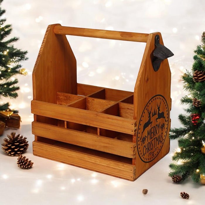 WOODEN 6 BOTTLE HOLDER WITH METAL OPENER