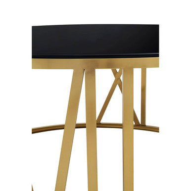 Brushed Gold Finish Steel Side Table with Roman Numeral Frame and Black Tempered Glass Top | Alana
