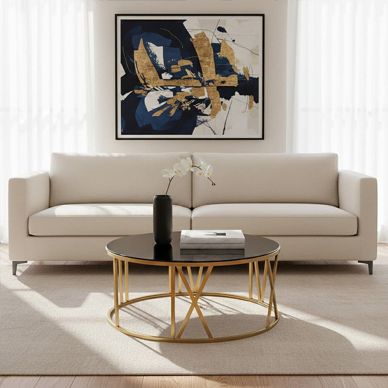 Brushed Gold Finish Steel Side Table with Roman Numeral Frame and Black Tempered Glass Top | Alana