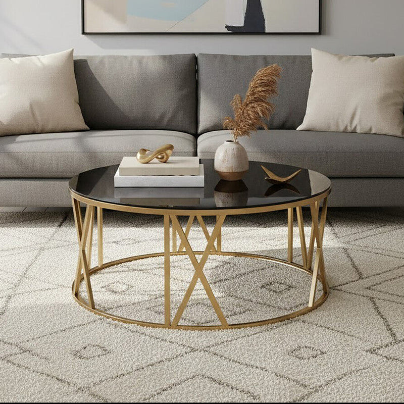 Brushed Gold Finish Steel Side Table with Roman Numeral Frame and Black Tempered Glass Top | Alana