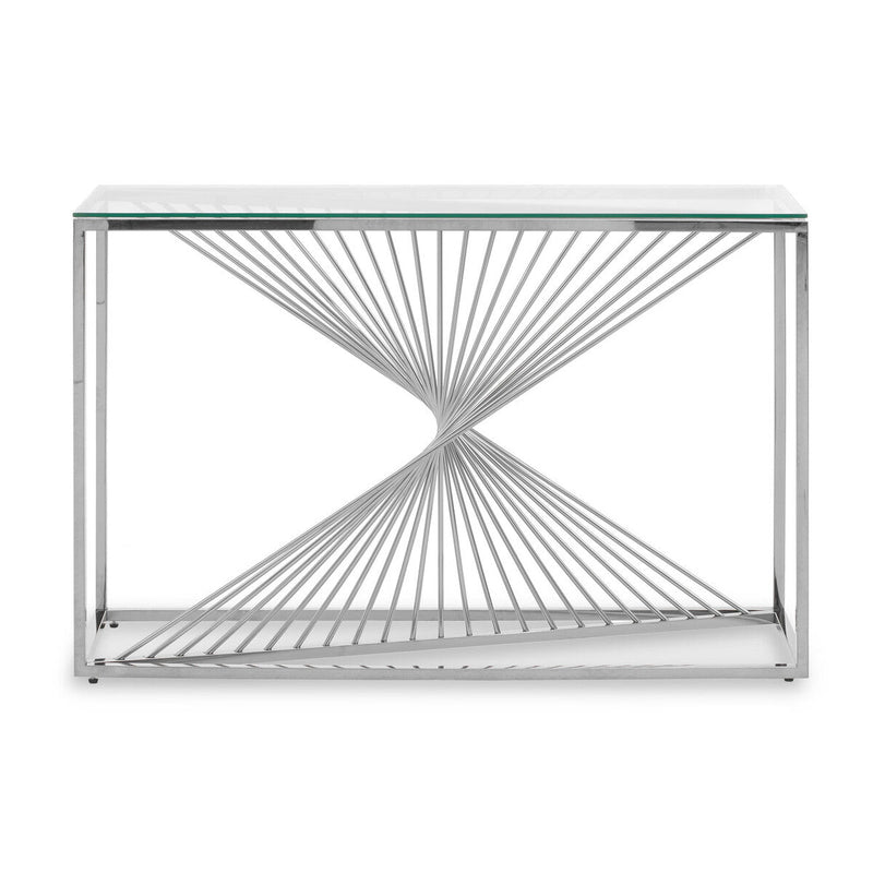 Clear Tempered Glass Top Console Table with Silver Finish Stainless Steel and Twisted Staircase Base | Amella