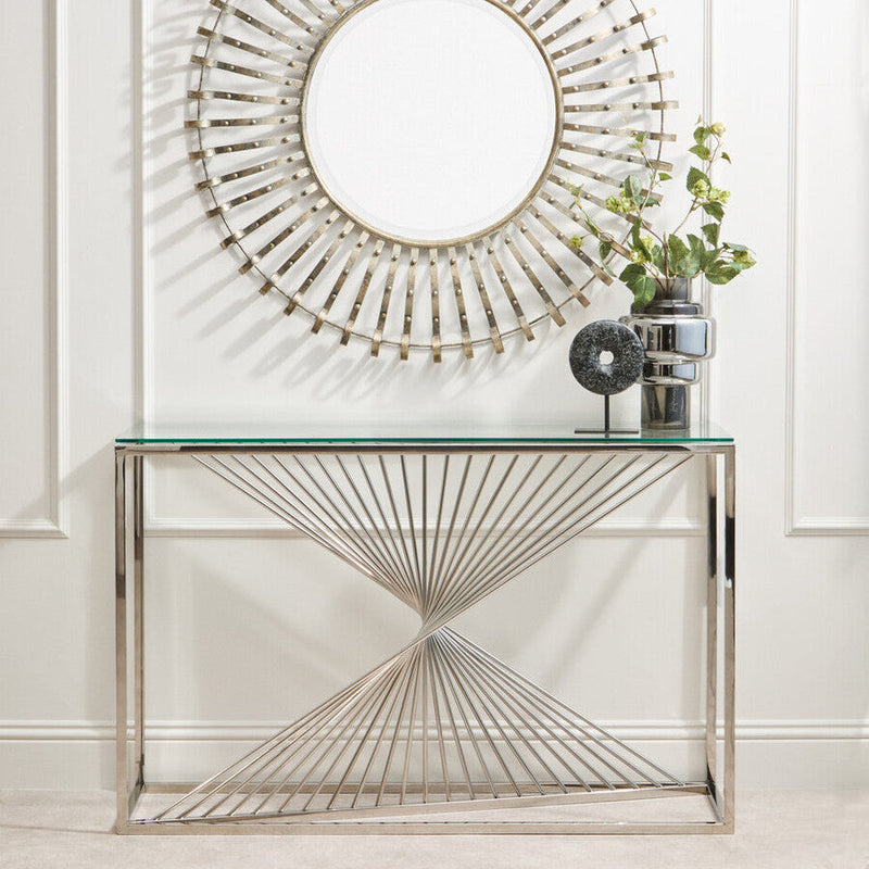 Clear Tempered Glass Top Console Table with Silver Finish Stainless Steel and Twisted Staircase Base | Amella