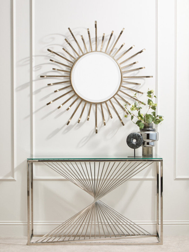 Clear Tempered Glass Top Console Table with Silver Finish Stainless Steel and Twisted Staircase Base | Amella