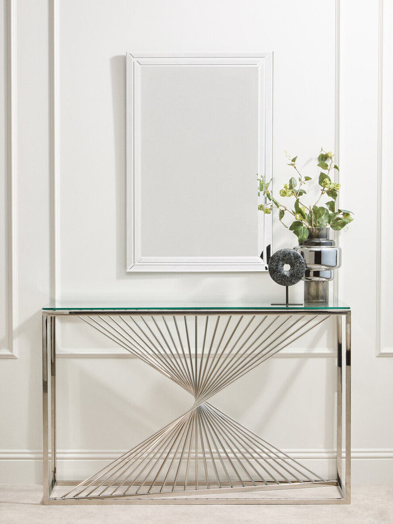 Clear Tempered Glass Top Console Table with Silver Finish Stainless Steel and Twisted Staircase Base | Amella