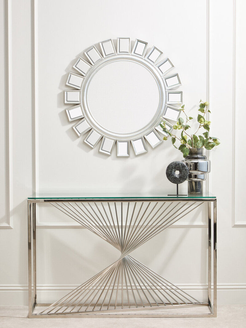 Clear Tempered Glass Top Console Table with Silver Finish Stainless Steel and Twisted Staircase Base | Amella