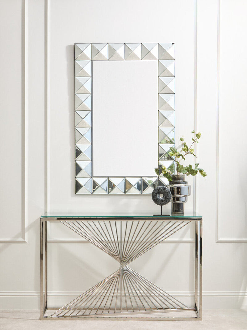 Clear Tempered Glass Top Console Table with Silver Finish Stainless Steel and Twisted Staircase Base | Amella