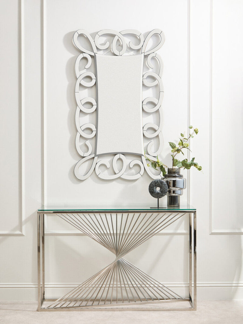 Clear Tempered Glass Top Console Table with Silver Finish Stainless Steel and Twisted Staircase Base | Amella