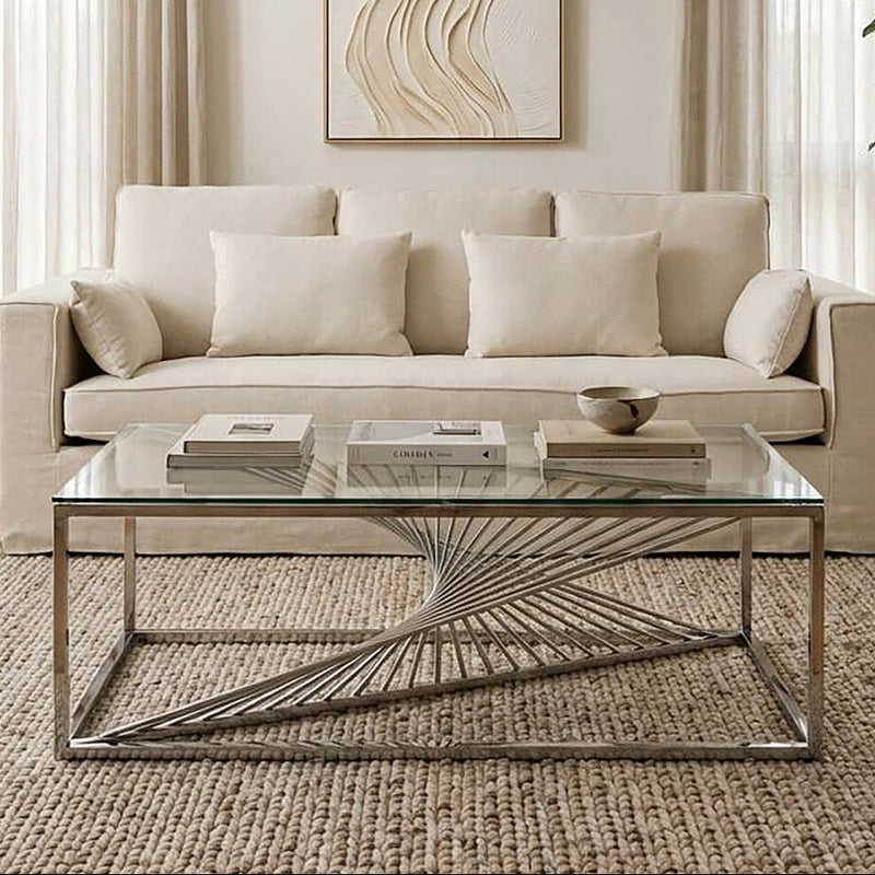 Silver Finish Steel Frame Coffee Table with Glass Top | Amella