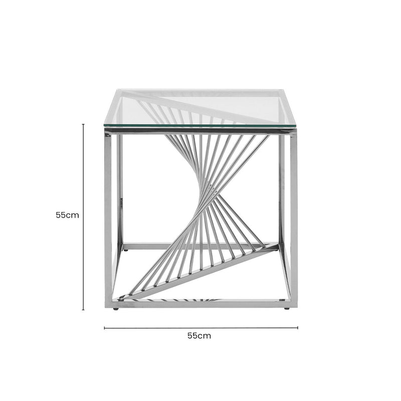 Silver Stainless Steel Frame End Table with Clear Tempered Glass Top and Spiral Staircase Inspired Centre | Amella