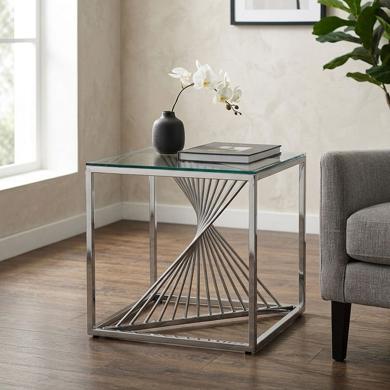 Silver Stainless Steel Frame End Table with Clear Tempered Glass Top and Spiral Staircase Inspired Centre | Amella