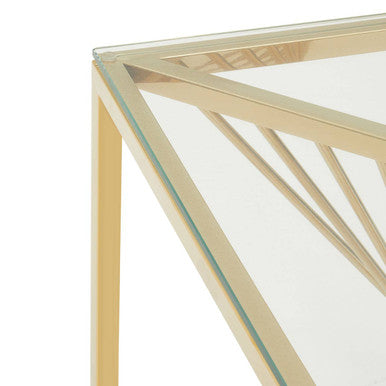 Clear Tempered Glass Top End Table with Gold Finish Frame and Inner Twisted Staircase Design | Amella