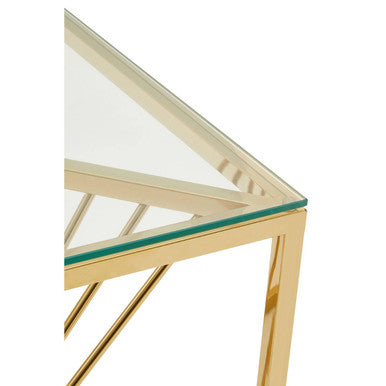 Clear Tempered Glass Top End Table with Gold Finish Frame and Inner Twisted Staircase Design | Amella