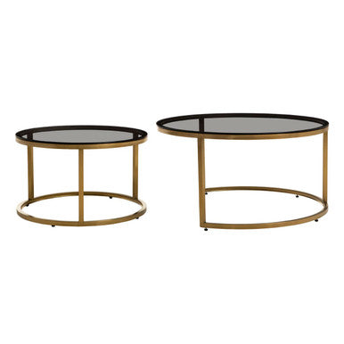 Set of 2 Black Tinted Glass Round Tops Nesting Coffee Tables with Brushed Gold Stainless Steel Frames | Alana