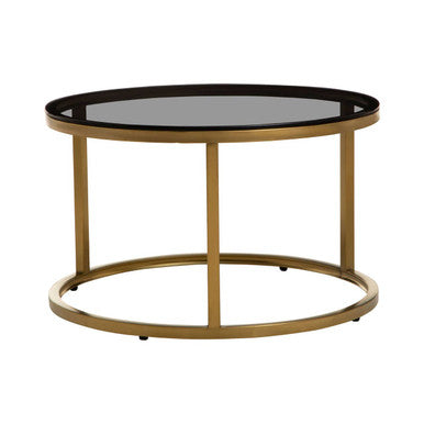 Set of 2 Black Tinted Glass Round Tops Nesting Coffee Tables with Brushed Gold Stainless Steel Frames | Alana