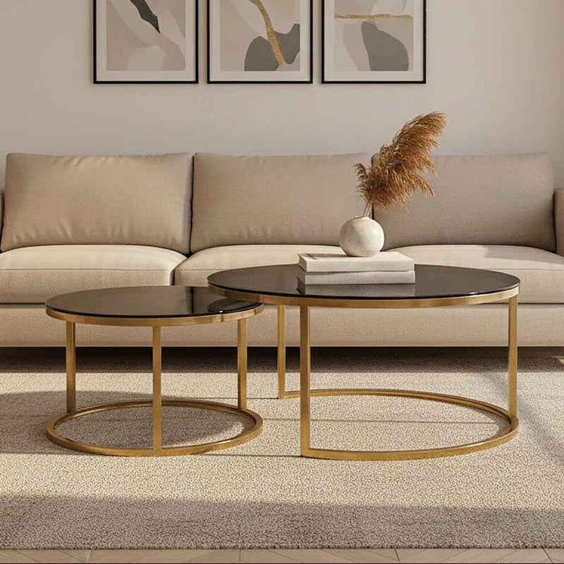 Set of 2 Black Tinted Glass Round Tops Nesting Coffee Tables with Brushed Gold Stainless Steel Frames | Alana