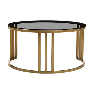 Set of 2 Tinted Glass Round Tops Nesting Coffee Tables with Brushed Gold Stainless Steel Frames | Alana