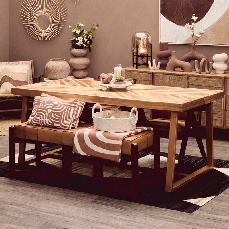 Natural Teak Wood Dining Table with Herringbone Top and Gold Finish Metal Frame | Kendari
