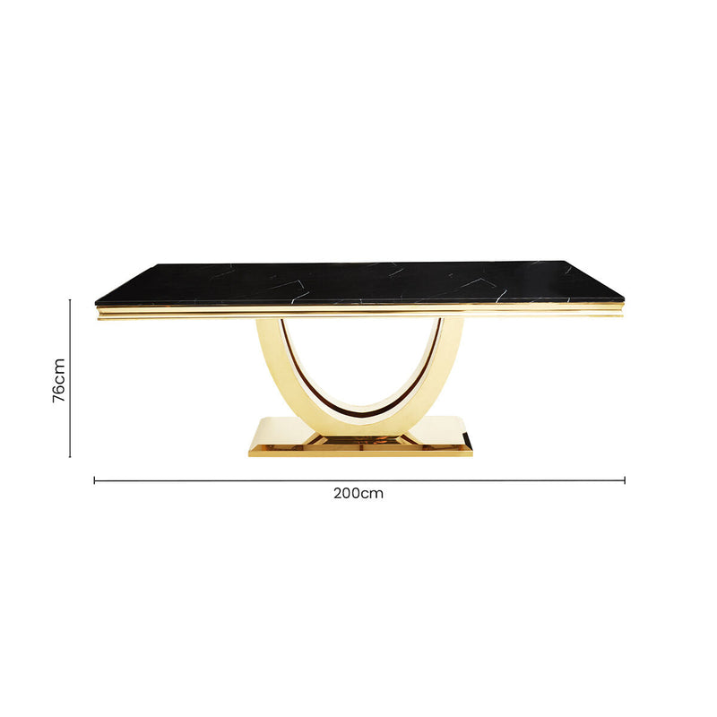 Black Faux Marble Rectangular Top Dining Table with Brushed Gold Geometric Frame | Moda