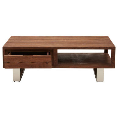 Brown Acacia Wood 1-Drawer Coffee Table with 1 Open Shelf and Stainless Steel Legs | Simla