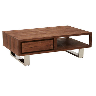 Brown Acacia Wood 1-Drawer Coffee Table with 1 Open Shelf and Stainless Steel Legs | Simla