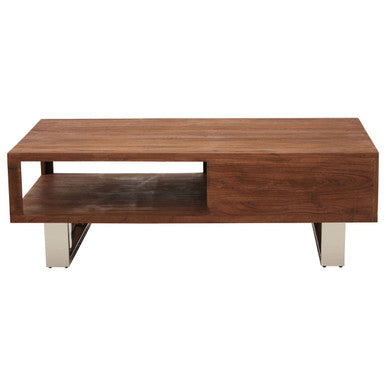Brown Acacia Wood 1-Drawer Coffee Table with 1 Open Shelf and Stainless Steel Legs | Simla