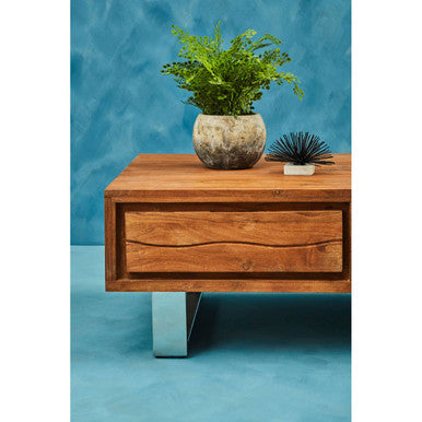 Brown Acacia Wood 1-Drawer Coffee Table with 1 Open Shelf and Stainless Steel Legs | Simla