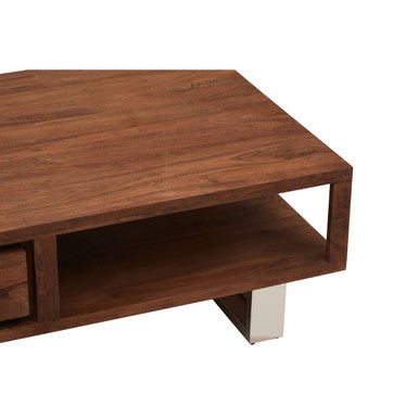 Brown Acacia Wood 1-Drawer Coffee Table with 1 Open Shelf and Stainless Steel Legs | Simla