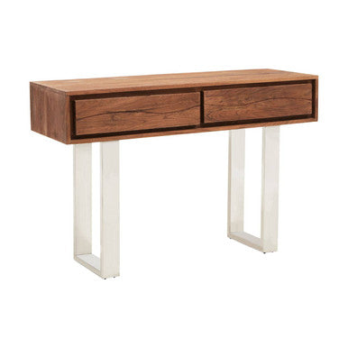 Brown Warm Toned Acacia Wood Two-Drawer Console Table with Silver Stainless Steel Legs, Simla