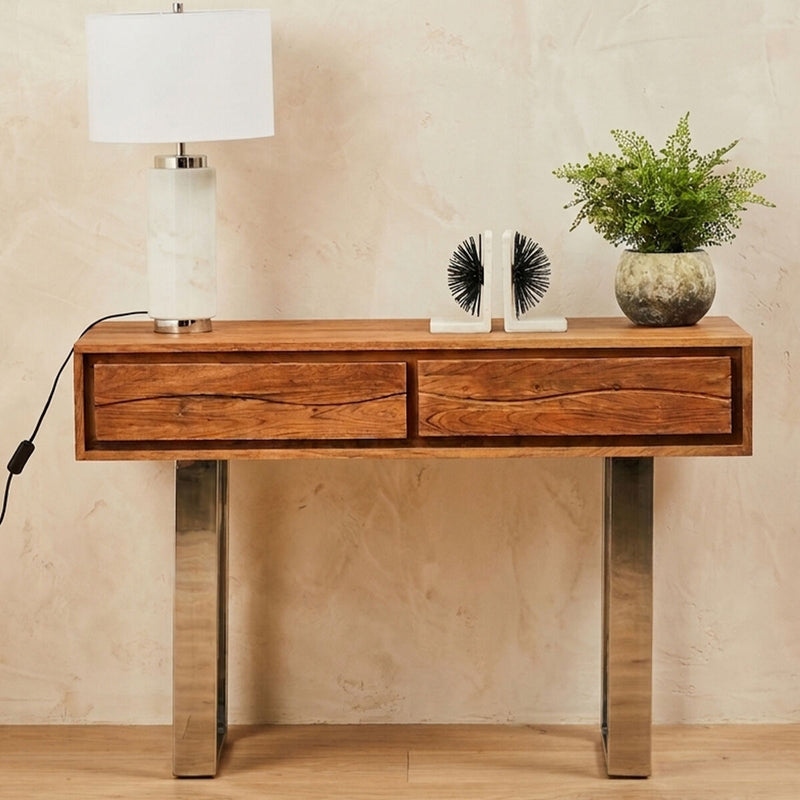 Brown Warm Toned Acacia Wood Two-Drawer Console Table with Silver Stainless Steel Legs, Simla
