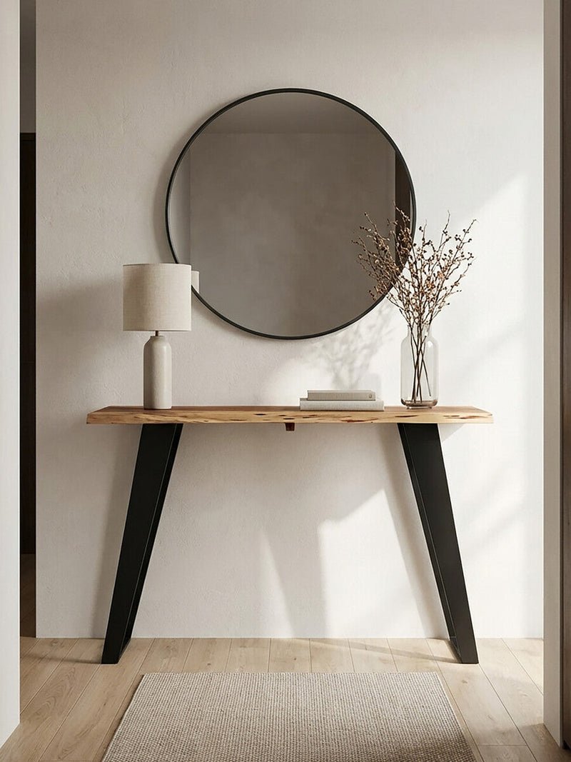 Natural Live Edge Acacia Wood Top Console Table with Black Iron Legs | Surax