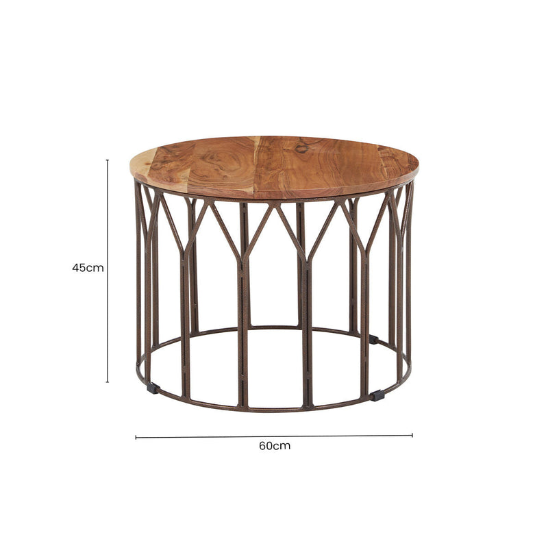 Natural Solid Acacia Wood Round Coffee Table with Dark Geometric Lattice Metal Frame | Boho