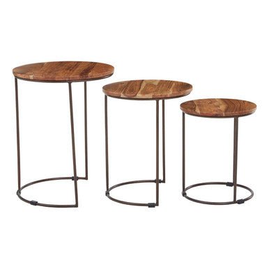 Nest of 3 Natural Mango Wood Side Tables with Brown Iron Legs | Boho