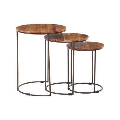 Nest of 3 Natural Mango Wood Side Tables with Brown Iron Legs | Boho