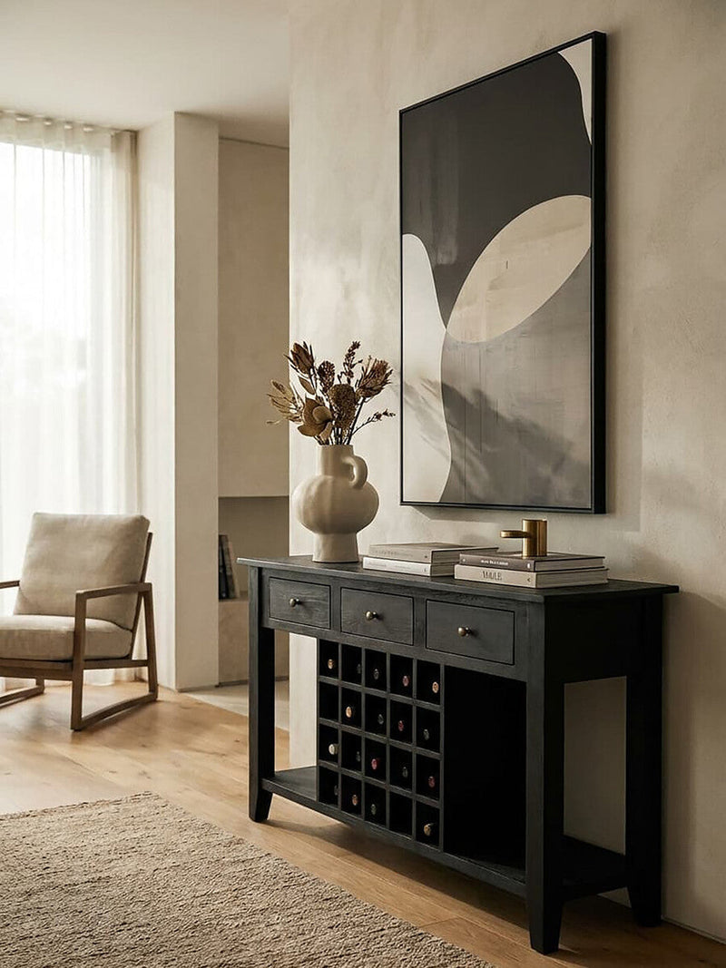 Black Mango Wood Console Table with 20-Bottle Wine Storage and 3 Drawers | Fusion