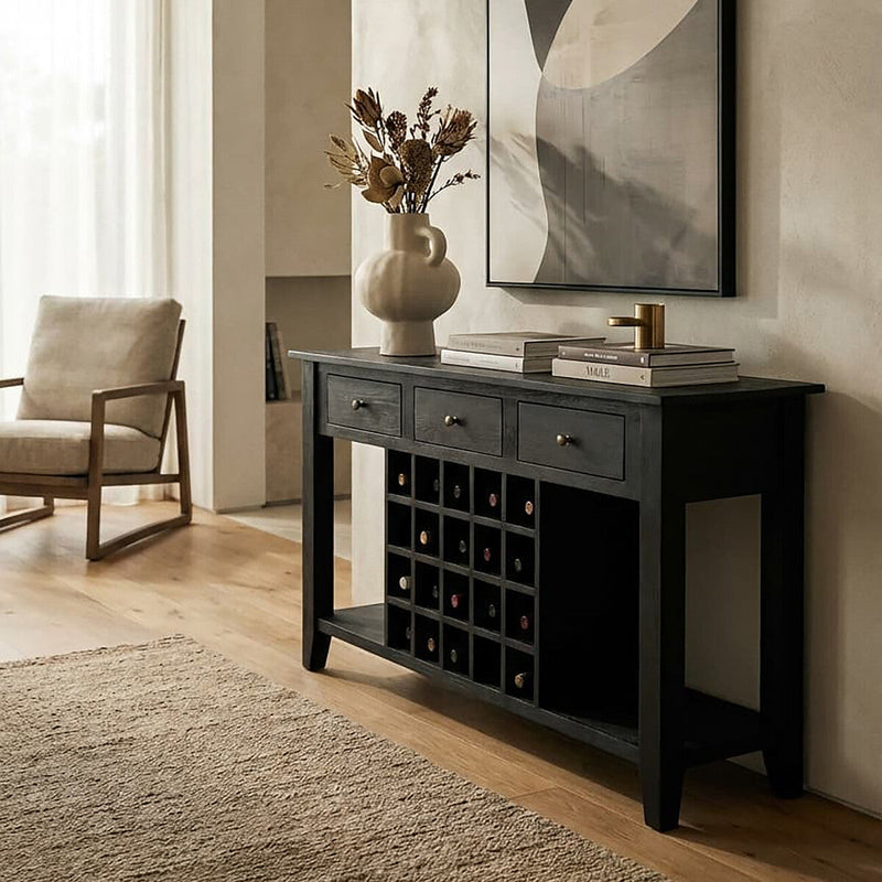 Black Mango Wood Console Table with 20-Bottle Wine Storage and 3 Drawers | Fusion