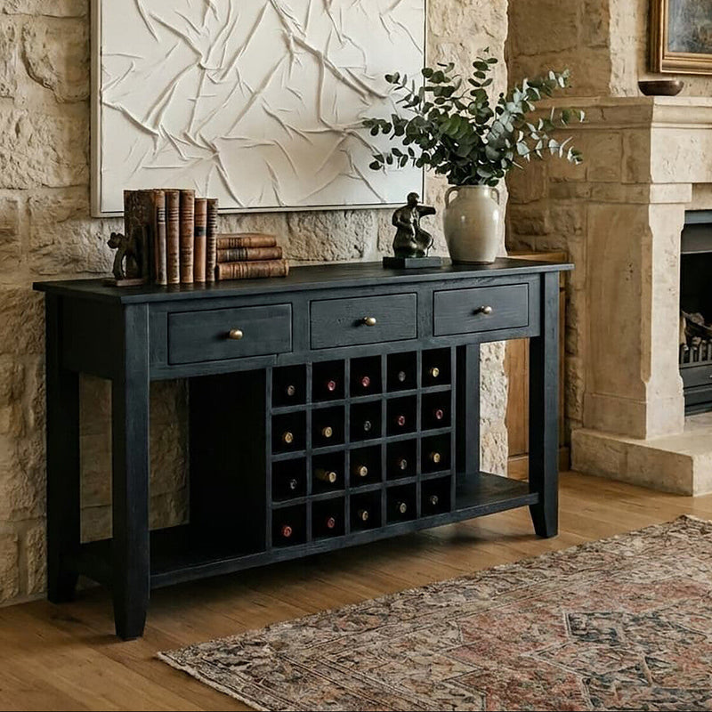Black Mango Wood Console Table with 20-Bottle Wine Storage and 3 Drawers | Fusion