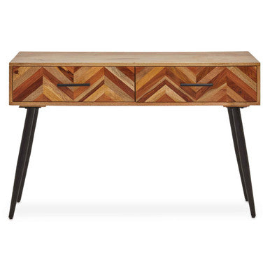 Mango Wood 2-Drawer Console Table with Multi Tonal Chevron Front and Black Iron Legs | Boho