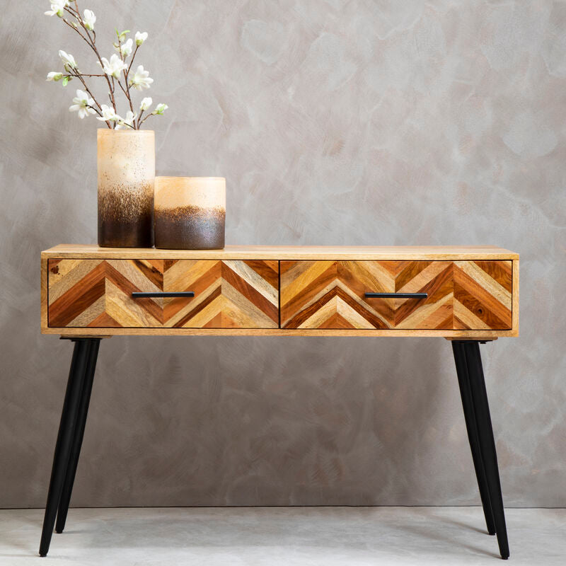 Mango Wood 2-Drawer Console Table with Multi Tonal Chevron Front and Black Iron Legs | Boho