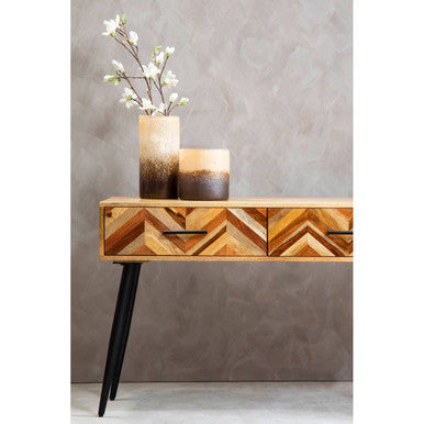 Mango Wood 2-Drawer Console Table with Multi Tonal Chevron Front and Black Iron Legs | Boho