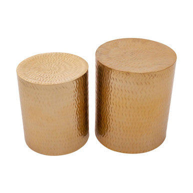 Set of 2 Gold Metallic Cylindrical Side Tables and Stools with Chevron Textured Surface | Templar