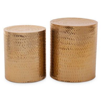 Set of 2 Gold Metallic Cylindrical Side Tables and Stools with Chevron Textured Surface | Templar