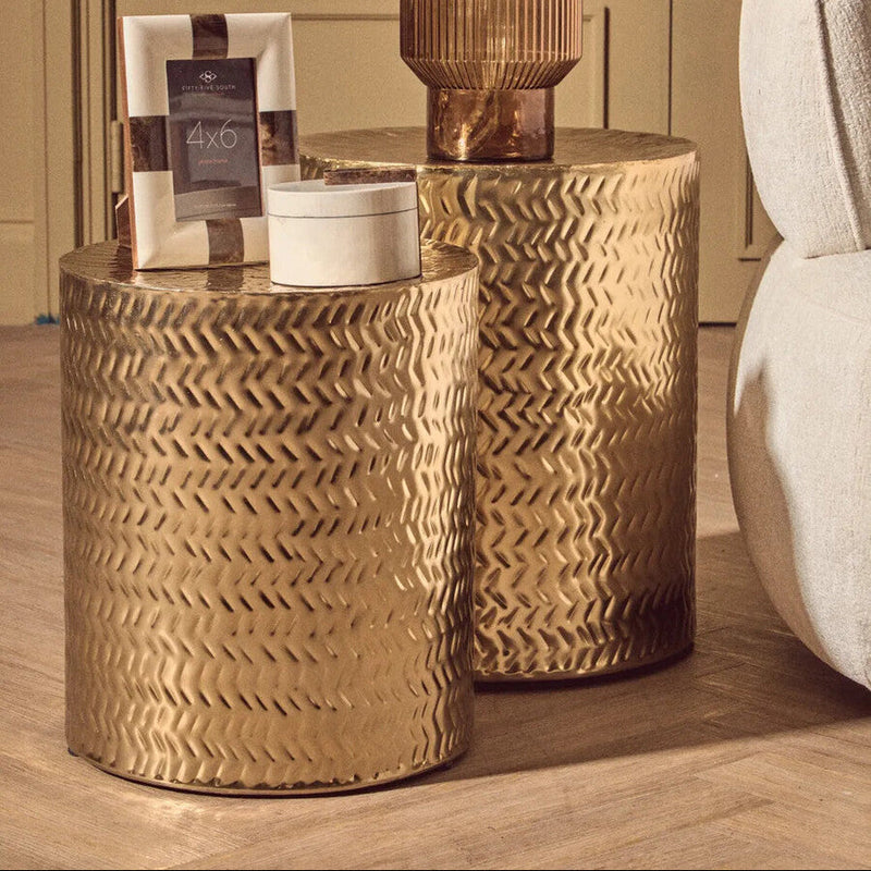 Set of 2 Gold Metallic Cylindrical Side Tables and Stools with Chevron Textured Surface | Templar