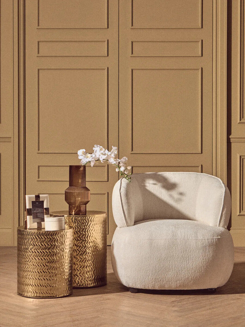 Set of 2 Gold Metallic Cylindrical Side Tables and Stools with Chevron Textured Surface | Templar